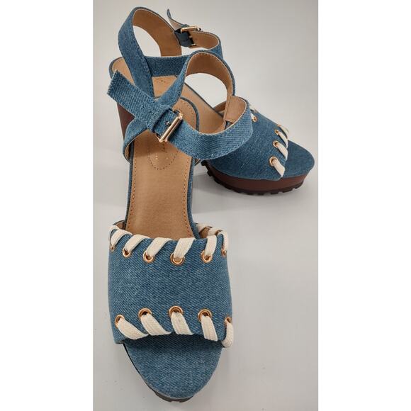 C Comfort Women's Sandals 7M Denim Whip Stitched Detailing Blocked High Heel - Picture 2 of 8